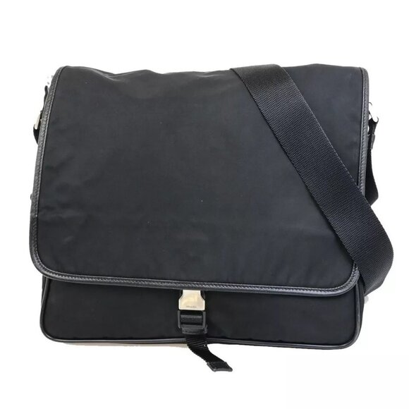 PRADA MILANO Logo Tessuto Shoulder Bag Nylon Leather Black Silver Italy - Picture 1 of 16